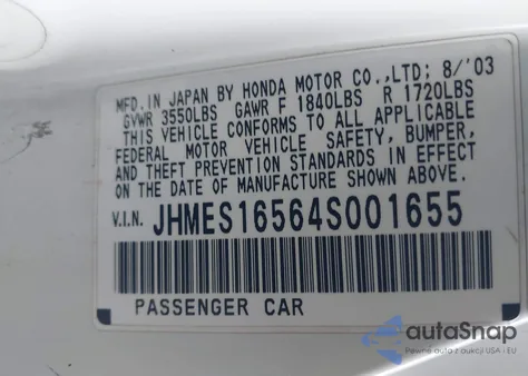 2004 Honda Civic Lx из США, поврежденный, VIN JHMES16564S001655